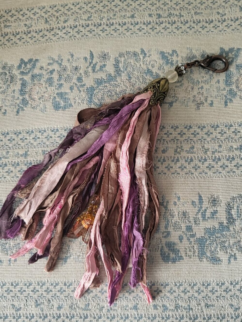 Handmade Recycled Sari Silk Ribbon Tassel Keychain Boho Bag Charm Crystal